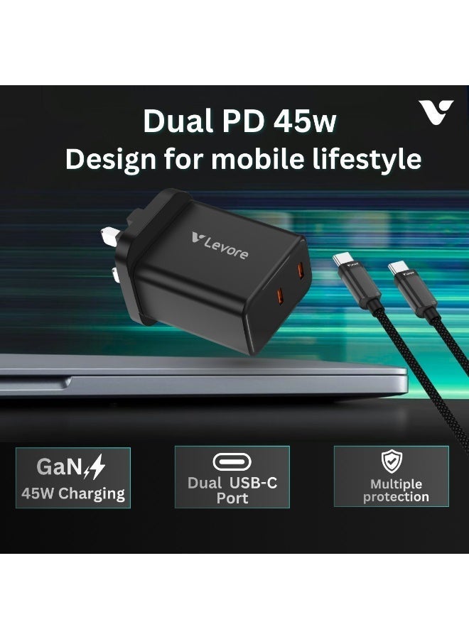 LEVORE 45w Dual PD GAN Wall Charger with C to C Cable - LGW141-BK - Image 3